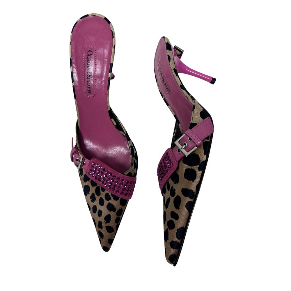 Cesare Paciotti Y2K Pink Patent Leather Buckle Leopard Print Pointed Toe Heels